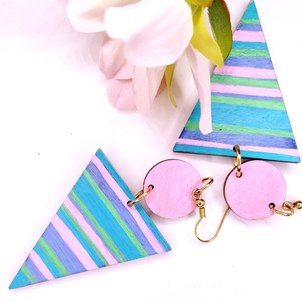 Blue,pink striped Wooden Earrings, 2.5 inch dangle,Handpainted artisan,Boho